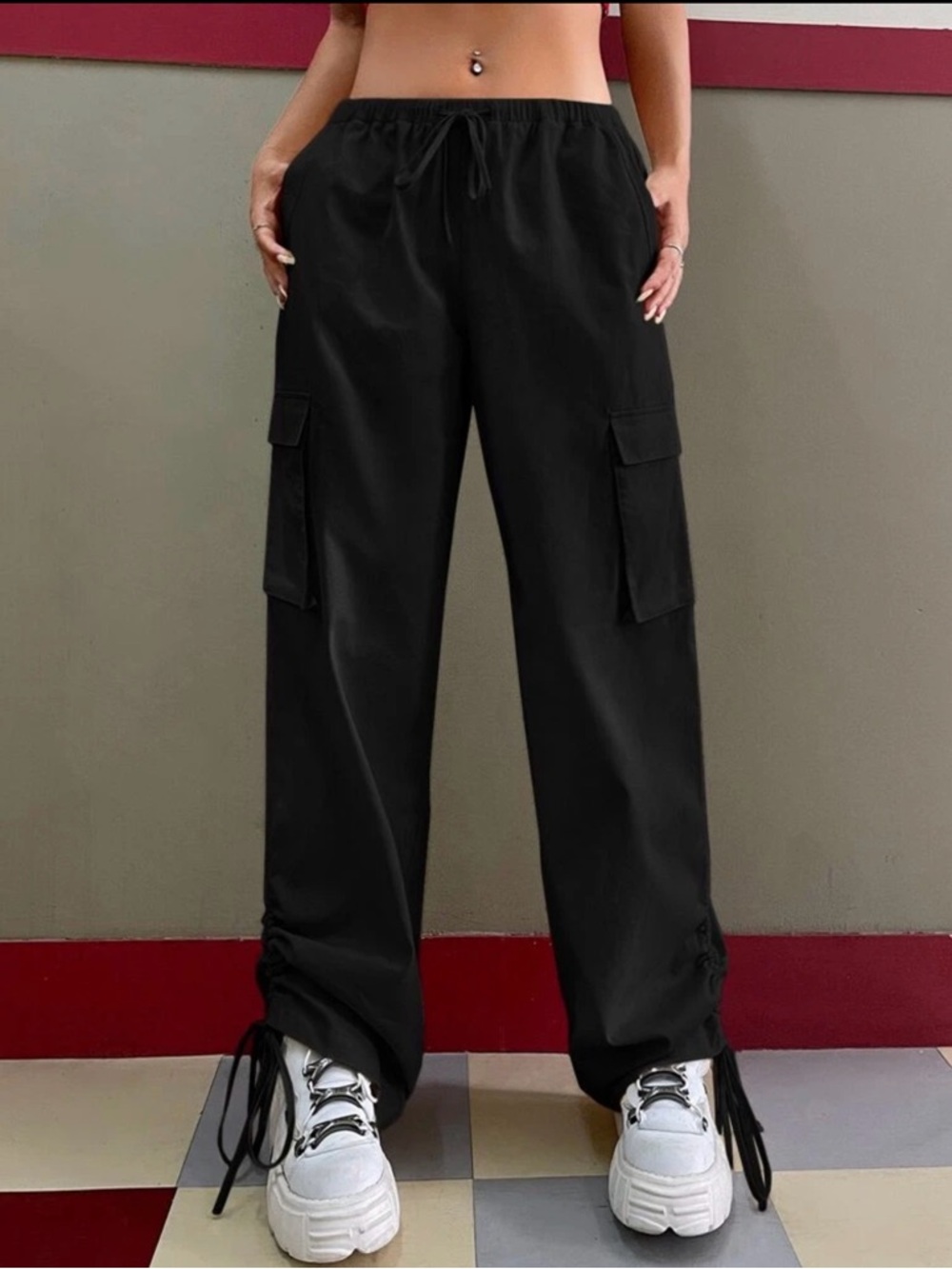 Black Cargo Parachute Pants with Drawstring Waist
